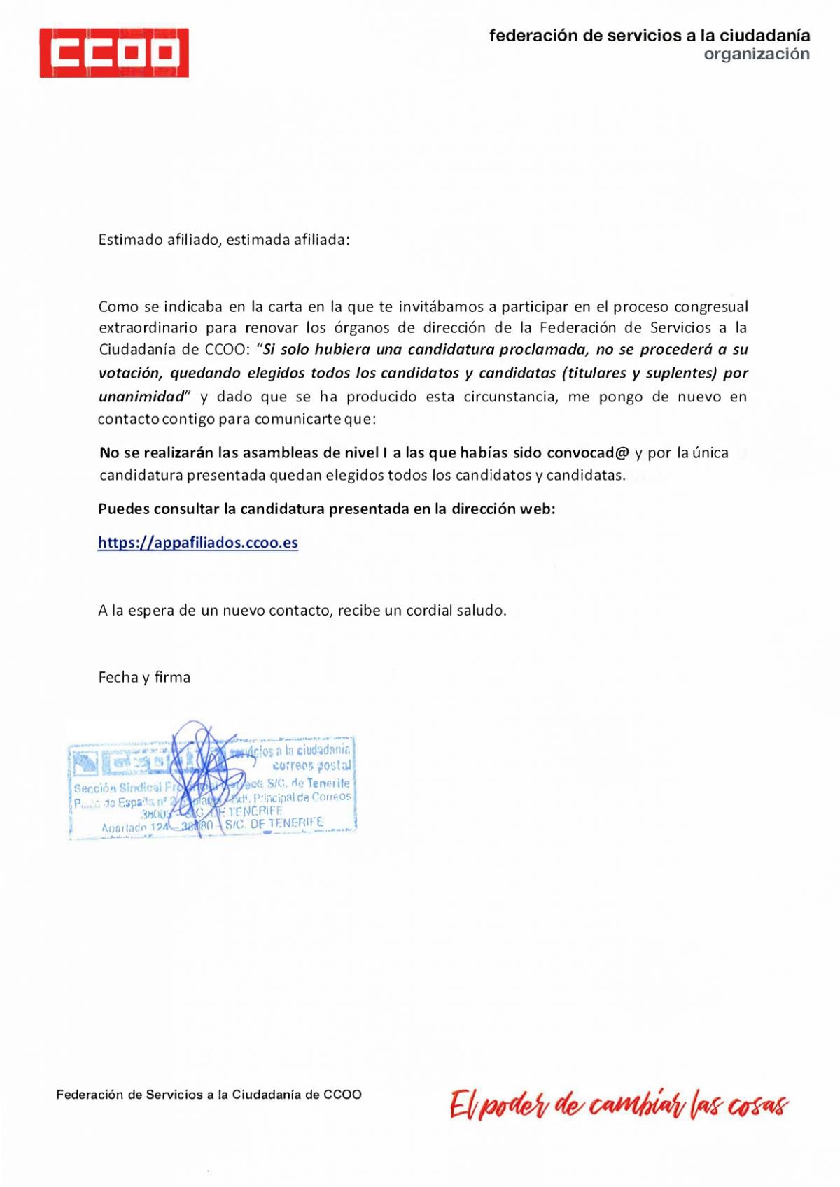 Proclamadas candidaturas Asamblea NI Seccin Sindical Tenerife