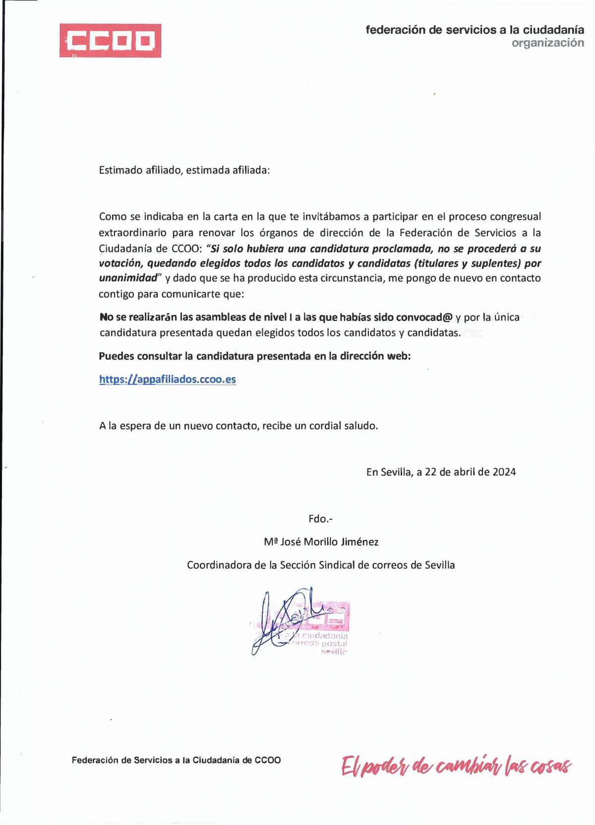 Proclamadas candidaturas Asamblea NI Seccin Sindical Sevilla
