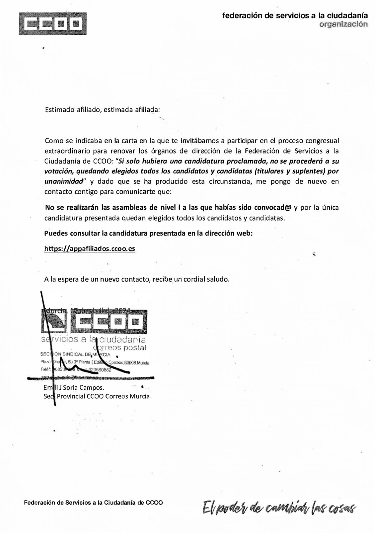 Proclamadas candidaturas Asamblea NI Seccin Sindical Murcia